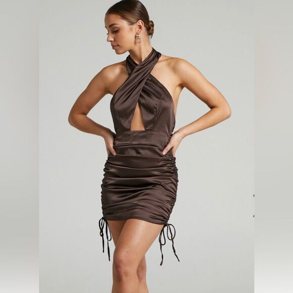 Showpo. Dresses & Skirts - Showpo AMELLIA HALTER NECK CUT OUT MINI DRESS CHOCOLATE SATIN Size 6 NWT